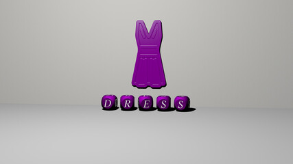 3D illustration of dress graphics and text made by metallic dice letters for the related meanings of the concept and presentations. beautiful and girl