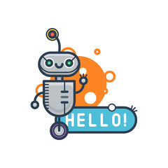 Cute robot say Hello. Isolated illustration virtual online help customer support on white background