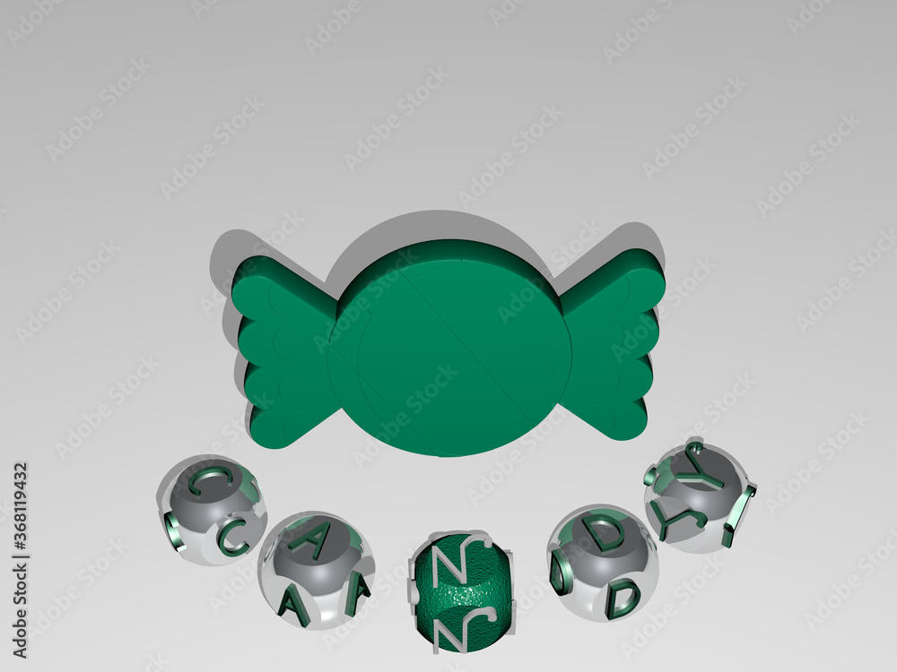 Aufkleber 3d illustration of candy graphics and text around the icon made by metallic dice letters for the rel