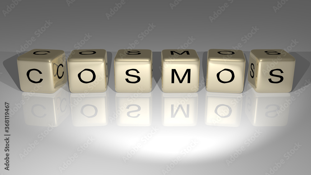 Poster 3d representation of cosmos with icon on the wall and text arranged by metallic cubic letters on a m