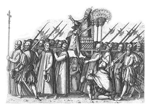 The Pope in pontifical chair going to the chapel, vintage illustration.