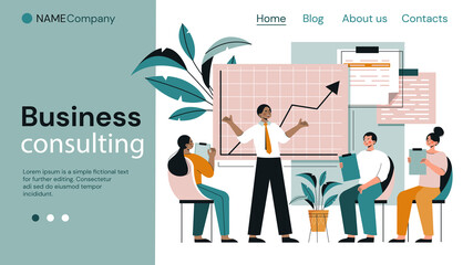 Business Consulting page template with businessman giving a presentation to a diverse group of people, colored vector illustration. Web site template