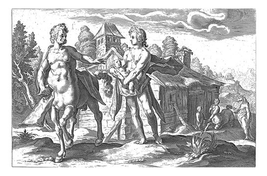 Apollo entrusts Asclepius to Chiron, vintage illustration.