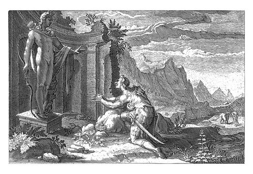 Cadmus asks Delphi's oracle what to do, vintage illustration.