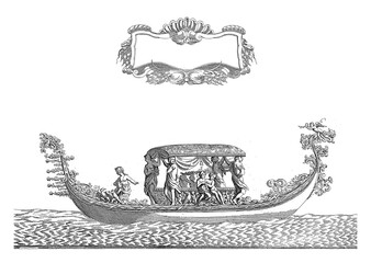 Gondola with Allegorical Figures, Antonio Francesco Lucini, 1679, vintage illustration.