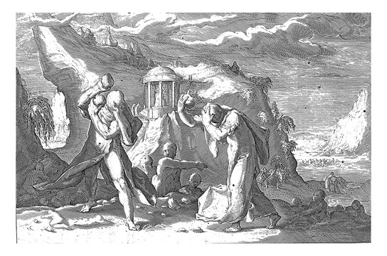 Deucalion and Pyrrha create a new human race, vintage illustration.