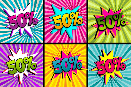Comic text 50 percent sale set discount.