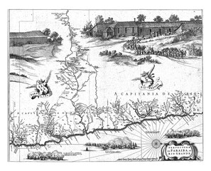 Map of the coast of Paraiba, 1647, vintage illustration.