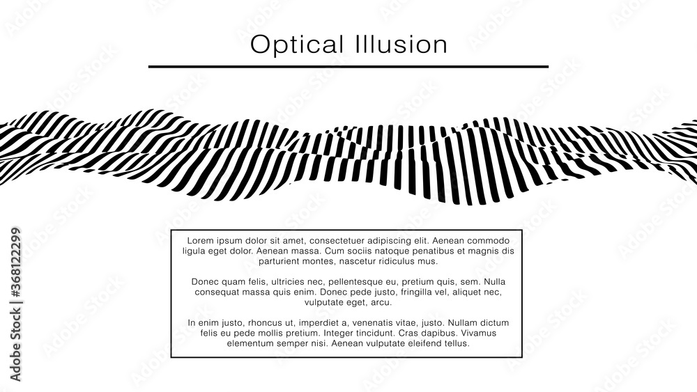 Poster optical illusion wave. abstract 3d black and white illusions. horizontal lines stripes pattern or ba