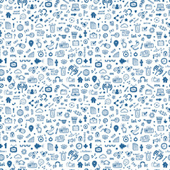 Hand Drawn Doodle Web Site Signs and Symbols. Social Media Icons Vector Seamless Pattern