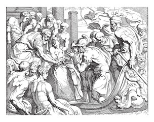 Odysseus receives the bag of headwinds from Aeolus, vintage illustration.