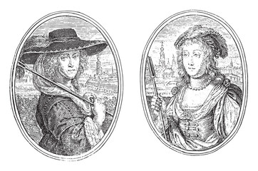 Portraits of Berta E.L.O. van Amsterdam and Hanna C. van Amsterdam, vintage illustration.