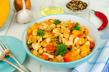 Stewed vegetables with pumpkin, meat and beans