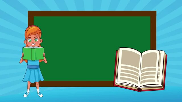 little student girl reading book and chalkboard animated character
