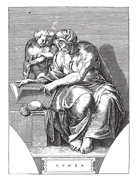 Sibyl of Cumae, Adamo Scultori, after Michelangelo, 1585, vintage illustration.