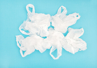 Zero waste Plastic shopping bags blue background