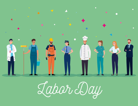 labor day poster with people group different occupation vector illustration design