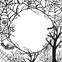 Happy Halloween holiday party Frame with bat, spider, web, trees party decorations. Watercolor border Cartoon illustration on white background. Halloween spooky cemetery.