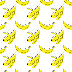 Seamless exotic plant vector pattern on white background. Hand drawn yellow banana fruits with black contour. Perfect for wallpaper or fabric.