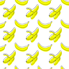 Seamless exotic plant vector pattern on white background. Hand drawn yellow banana fruits with black contour. Perfect for wallpaper or fabric.