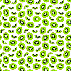 Seamless exotic plant vector pattern on white background. Hand drawn green kiwi fruit slices. Perfect for wallpaper or fabric. 