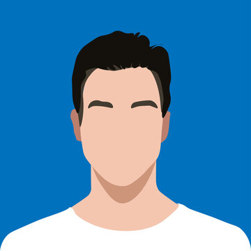 Front portrait of a man. Faceless young dark haired guy. Avatar for social networks. Fashion and beauty. Bright vector illustration in flat style.