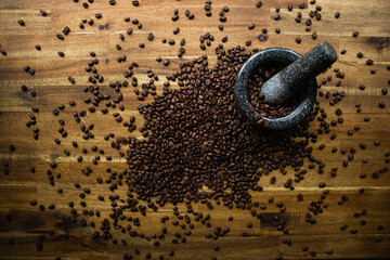 Coffee themed Flat lay photo - Word made with lettered tiles on timber background.