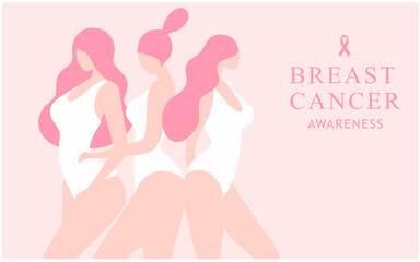 Obraz na płótnie Canvas Breast cancer awareness for love and support. Beautiful young women standing with pink ribbon brooch vector illustration. Breast cancer concept background 