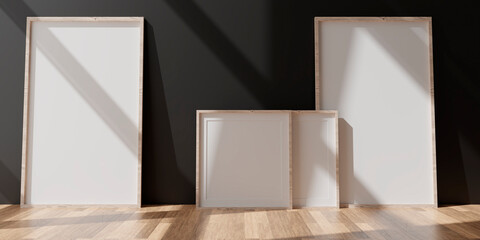 Two vertical white frame mockup, white frame on black wall, 3d illustration