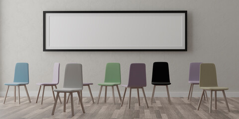 One vertical white frame mock up, black frame and chairs on beige wall, 3d illustration