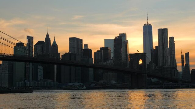 cityscape of lower manhattan NYC at sunset time