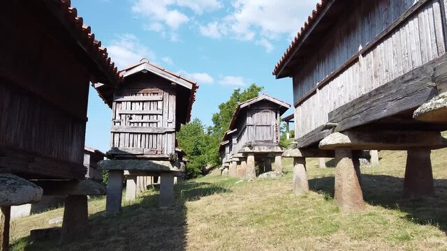 air tour of the largest concentration of traditional granaries in Galicia