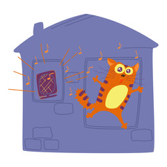Ginger tabby Crazy Cat from loud music noise in brick house. Hand drawn flat vector illustration on white background