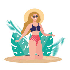 woman with swimsuit sitting on the beach with tropical leaves decoration, summer vacation season vector illustration design