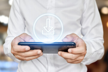 Businessman hand using mobile phone with web download icon on virtual touchscreen interface.