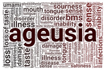 Ageusia word cloud isolated on a white background. Covid-19 symptom.