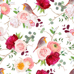 Natural vector seamless pattern with cute robin birds and bouquets of flowers