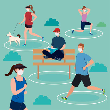 social distancing, young people wearing medical mask, practicing sport and doing activities outdoor, coronavirus covid 19 prevention vector illustration design