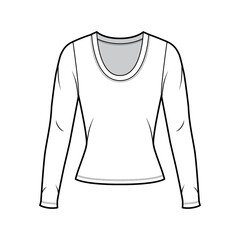 Scoop neck jersey shirt technical fashion illustration with long sleeves, close-fitting shape. Flat sweater apparel template front, white color. Women men, unisex outfit top CAD mockup