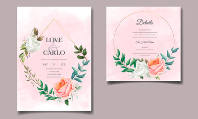 Floral wedding invitation template set with beautiful flower and leaves decoration	
