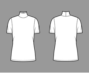 Turtleneck jersey sweater technical fashion illustration with short sleeves, oversized body tunic length. Flat outwear apparel template front back white color. Women men unisex shirt top CAD mockup