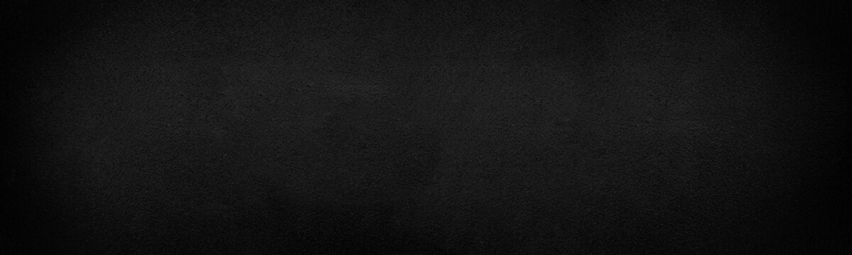 Panorama of black wall texture pattern rough background. Old black grunge background. Dark wallpaper copy space for design.