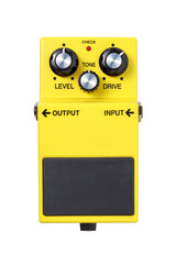 Stomp box electric guitar signal over drive yellow effects foot pedal isolated on white background...