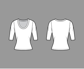 Scoop neck jersey sweater technical fashion illustration with elbow sleeves, close-fitting shape. Flat shirt apparel template front back white color. Women, men unisex outfit top CAD mockup
