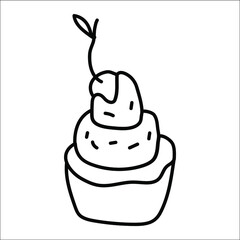 Cupcake, continuous line drawing, small tattoo, print for clothes and logo design, emblem or logo design, silhouette one single line on a white background, sweet cake isolated vector illustration.