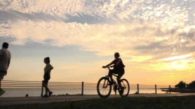 silhouettes of people walking on seaside at beautiful sunset 
