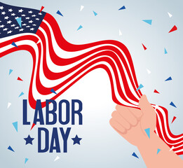 happy labor day holiday banner with hand and united states national flag vector illustration design