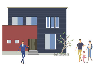 住宅展示場やモデルハウスのカットイラスト　見学する家族