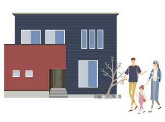 住宅展示場やモデルハウスのカットイラスト　見学する家族