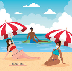 Obraz na płótnie Canvas social distancing on the beach, people keep distance wearing medical mask, new normal summer beach concept after coronavirus or covid 19 vector illustration design